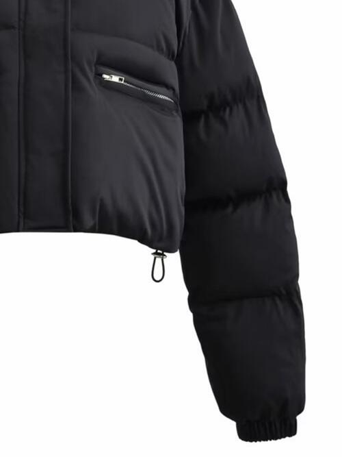 Snap and Zip Closure Drawstring Cropped Winter Coat